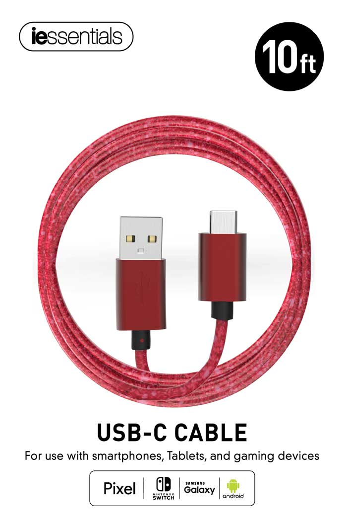 IE-IEN-GC10C-GRD - iessentials 10 Ft. Type C To USB-A Red Fashion Cable (6/48)