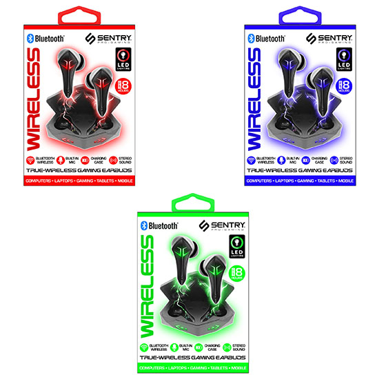 SE-GXTW1 - Sentry True Wireless Gaming Earbuds w/Mic & Charging Case; 2 each, Blue, Red, Green (6/18)
