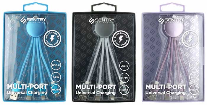 SE-HPAMP725 - Sentry Squid 3 in 1 Cable; USB-A to USB-C, 8-Pin & Micro; 2 each Teal, Silver & Lav (6/48)